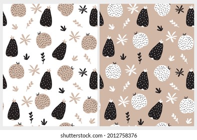 Abstract Fruits Seamless Vector Patterns. White, Brown and Black Irregular Brush Apples and Pears on a White and Dusty Brown Backgrounds. Abstract vegie Foord Design. Simple Fruits Print.