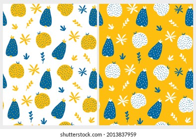 Abstract Fruits Seamless Vector Patterns. White, Yellow and Blue Irregular Brush Apples and Pears on a White and Yellow Backgrounds. Abstract Vegie Foord Design. Simple Fruits Print.