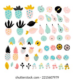 Abstract fruits set in contemporary style. Vector illustration strawberry, cherry, pineapple, apple, pear, orange. Trendy shapes exotic fruits.Botanical mix, collage art. Isolated on white background.