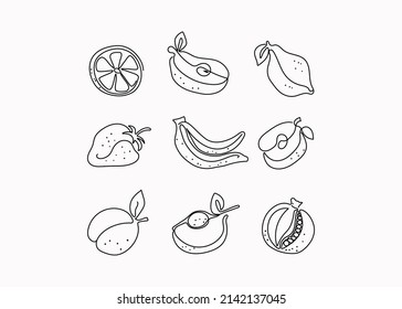 Abstract fruits set. Line art style. One line drawings with colored spots. Vector graphics. Isolated background.