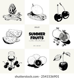 Abstract fruits vector black ink . Modern trendyи minimal style. Exotic Healthy Food. Hand drawn design for wallpaper, wall decor, print, postcard, cover, template, banner.