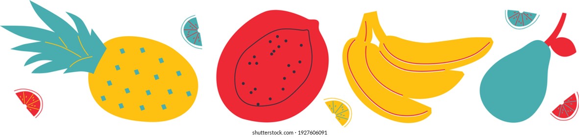 Abstract fruits vector illustration. Summer harvest cartoon elements. Banner pineapple, banana, pear, melony. Drawings for poster, card or background. Cartoon flat fruits illustrat. Isolated. EPS 10.
