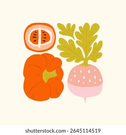 Abstract fruits and vegetables elements. Modern trendy minimalist. Healthy Food. Hand drawn design for wallpaper, wall decor, print, postcard, cover, template, banner.