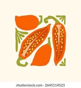 Abstrakte Obst- und Gemüseelemente. Moderne trendy minimalistisch. Gesundes Essen. Handgezeichnetes Design für Tapete, Wanddekoration, Druck, Postkarte, Umschlag, Vorlage, Banner.