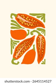 Abstract fruits and vegetables elements. Modern trendy minimalist. Healthy Food. Hand drawn design for wallpaper, wall decor, print, postcard, cover, template, banner.