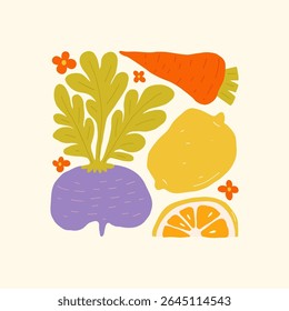 Elementos abstratos de frutas e legumes. Moderno minimalista da moda. Comida saudável. Desenho desenhado à mão para papel de parede, decoração de parede, impressão, cartão postal, capa, modelo, banner.