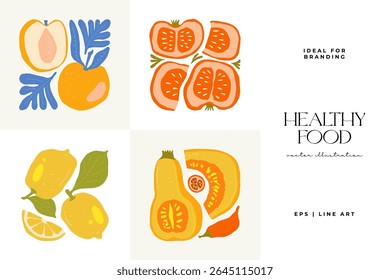 Abstract fruits and vegetables elements. Modern trendy minimalist. Healthy Food. Hand drawn design for wallpaper, wall decor, print, postcard, cover, template, banner.