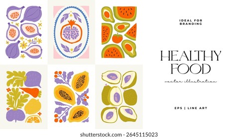 Abstract fruits and vegetables elements. Modern trendy minimalist. Healthy Food. Hand drawn design for wallpaper, wall decor, print, postcard, cover, template, banner.