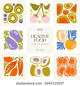 Abstract fruits and vegetables elements. Modern trendy minimalist. Healthy Food. Hand drawn design for wallpaper, wall decor, print, postcard, cover, template, banner.