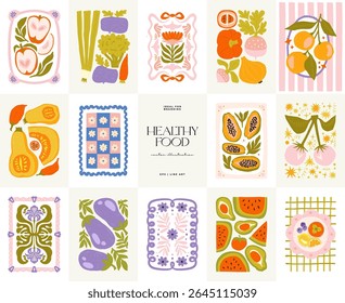 Abstract fruits and vegetables elements. Modern trendy minimalist. Healthy Food. Hand drawn design for wallpaper, wall decor, print, postcard, cover, template, banner.