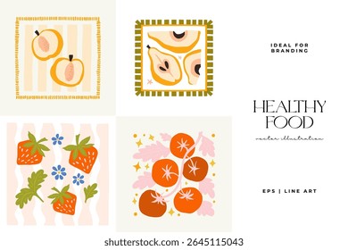 Abstract fruits and vegetables elements. Modern trendy minimalist. Healthy Food. Hand drawn design for wallpaper, wall decor, print, postcard, cover, template, banner.