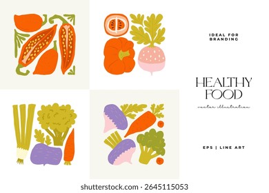 Elementos Abstractas de frutas y verduras. Moderno minimalista de moda. Alimentación saludable. Diseño dibujado a mano para el Fondo de pantalla, decoración de la pared, impresión, postal, cubierta, Plantilla, Anuncio.