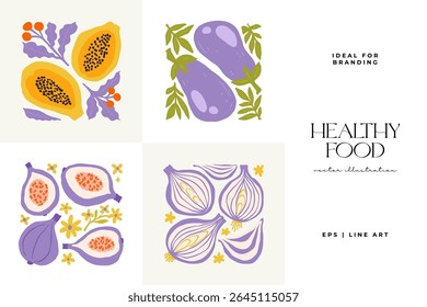 Elementos Abstractas de frutas y verduras. Moderno minimalista de moda. Alimentación saludable. Diseño dibujado a mano para el Fondo de pantalla, decoración de la pared, impresión, postal, cubierta, Plantilla, Anuncio.