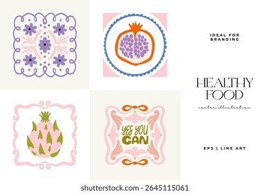 Abstract fruits and vegetables elements. Modern trendy minimalist. Healthy Food. Hand drawn design for wallpaper, wall decor, print, postcard, cover, template, banner.
