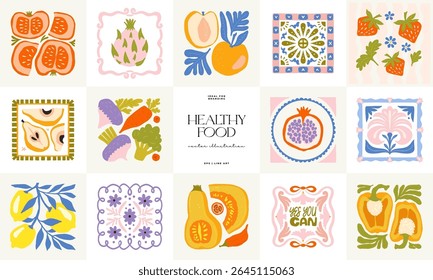 Abstract fruits and vegetables elements. Modern trendy minimalist. Healthy Food. Hand drawn design for wallpaper, wall decor, print, postcard, cover, template, banner.