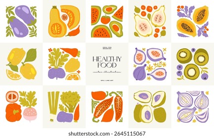 Abstract fruits and vegetables elements. Modern trendy minimalist. Healthy Food. Hand drawn design for wallpaper, wall decor, print, postcard, cover, template, banner.