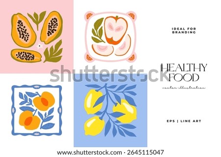 Abstract fruits and vegetables elements. Modern trendy minimalist. Healthy Food. Hand drawn design for wallpaper, wall decor, print, postcard, cover, template, banner.