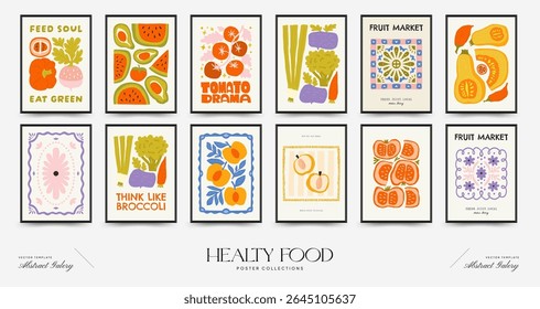 Abstract fruits and vegetables posters template. Modern trendy minimalist. Healthy Food. Hand drawn design for wallpaper, wall decor, print, postcard, cover, template, banner.