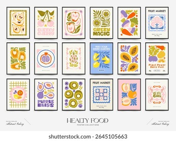 Abstract fruits and vegetables posters template. Modern trendy minimalist. Healthy Food. Hand drawn design for wallpaper, wall decor, print, postcard, cover, template, banner.