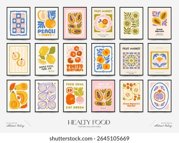 Abstract fruits and vegetables posters template. Modern trendy minimalist. Healthy Food. Hand drawn design for wallpaper, wall decor, print, postcard, cover, template, banner.