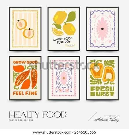 Abstract fruits and vegetables posters template. Modern trendy minimalist. Healthy Food. Hand drawn design for wallpaper, wall decor, print, postcard, cover, template, banner.