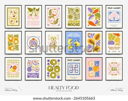 Abstract fruits and vegetables posters template. Modern trendy minimalist. Healthy Food. Hand drawn design for wallpaper, wall decor, print, postcard, cover, template, banner.