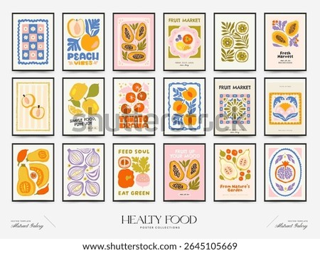Abstract fruits and vegetables posters template. Modern trendy minimalist. Healthy Food. Hand drawn design for wallpaper, wall decor, print, postcard, cover, template, banner.