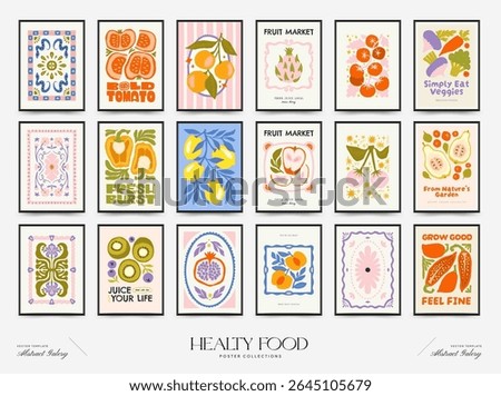 Abstract fruits and vegetables posters template. Modern trendy minimalist. Healthy Food. Hand drawn design for wallpaper, wall decor, print, postcard, cover, template, banner.