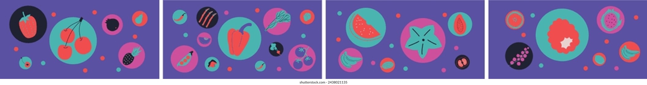 Conjunto de frutas y verduras abstractas. Ilustración vectorial plana. Frutas, verduras, colección de bayas para logotipo o fondo