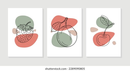 Resumen de frutas colección vectorial de arte de pared. Conjunto de frutas con formas orgánicas para imprimir, papel pintado, interior, afiche, cubierta, banner. Ilustración del vector