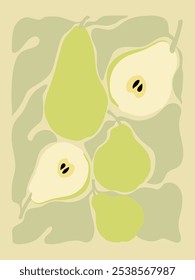 Cartaz frutado abstrato - design retro groovy peras para impressões de parede. Ilustração vetorial estética contemporânea.