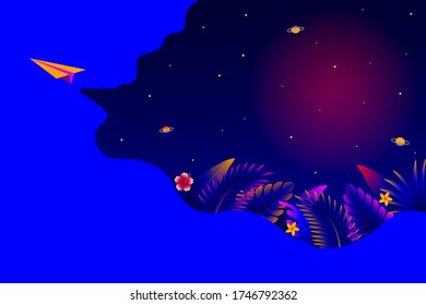 Abstract full color paper airplane with leaves and flowers coming from airplane vapor trail.  Free vector background