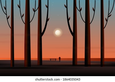 Abstract Fullmoon And Starry Night Sky In Sea Scape Landscape Illustration