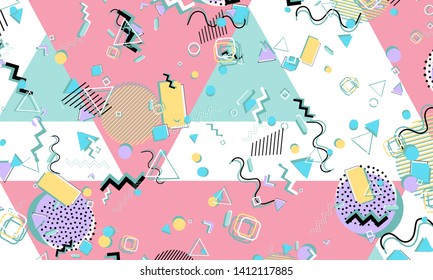 Abstract fun background. Colour shapes pattern. Memphis style. Vector Illustration.