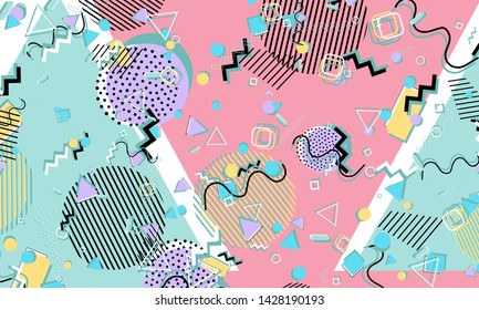 Abstract fun background. Colour shapes pattern. Memphis style. Vector Illustration.