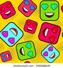 Abstract fun background happy squares on yellow background, pop art design, seamless pattern, vector illustration