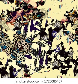Abstract fun color pattern cartoon texture for doodle geometric background. Seamless ornament of amphibian frogs, butterflies, figures, circle, memphis, patchwork. Printing clothes for boys, girls.