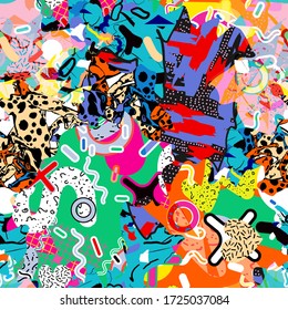 Abstract fun color pattern cartoon texture for doodle geometric background. Seamless ornament of amphibian frogs, butterflies, figures, circle, memphis, patchwork. Printing clothes for boys, girls.