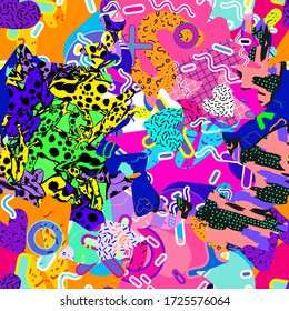 Abstrakter lustiger Farbmuster Zeichentricktextur für doodle geometrischen Hintergrund. Nahtlose Verzierung amphibischer Frösche, Schmetterlinge, Figuren, Kreis, Memphis, Flickwerk. Kleidung für Jungen, Mädchen.