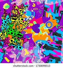 Abstract fun color pattern cartoon texture for doodle geometric background. Seamless ornament of amphibian frogs, butterflies, figures, circle, memphis, patchwork. Printing clothes for boys, girls.