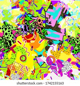 Abstract fun color pattern cartoon texture for doodle geometric background. Seamless ornament of amphibian frogs, butterflies, figures, circle, memphis, patchwork. Printing clothes for boys, girls.