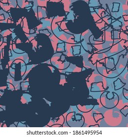 Abstrakte, lustige Farbmuster Cartoon Textur für doodle geometrischen Hintergrund. Nahtlose Verzierung von Amphibienfröschen, Schmetterlingen, Figuren, Kreisen, Flickenteppichen. Kleidung für Jungen, Mädchen drucken.