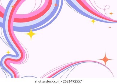 Conception amusante d'Abstrait avec des lignes ondulées de squiggle de dessin animé et des étoiles scintillantes sur fond blanc. Retro tourbillonne avec un mouvement vibrant. Idéal pour les bannières, le web, l'impression, les affiches