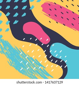 Abstract Fun Drawn Memphis Background. Pattern with Brush Strokes and Shapes in Doodle Geometric Style. Vector brochure cover template design - EPS