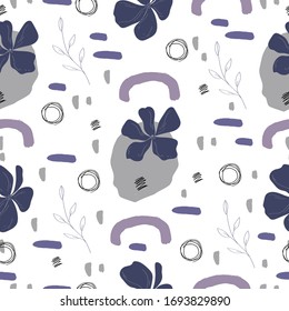 Abstract fun hand drawn flower and  geometric shapes in violet and  grey colors.Trendy flat style design seamless pattern stock vector illustration for wrapping paper, textile, wallpaper, textile