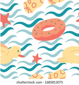 Abstract fun hand drawn resin donut sea rubber swimming duck seastar and waves Trendy flat style design seamless pattern stock vector illustration for wrapping paper, textile, wallpaper,fabric