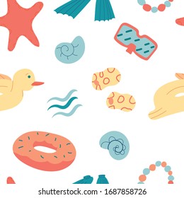 Abstrakter, handgezeichneter Kunstharz aus Seekautschuk Schwimmen Entenseastar und Wellen Trendy flache Design nahtlose Muster Vektorillustration Illustration für Packpapier, Textilien, Tapete, Stoff