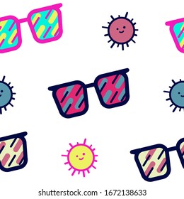 Formas geométricas de gafas de sol dibujadas a mano en colores rosa claro y azul oscuro.Diseño a la moda de estilo plano sin fisuras ilustración vectorial para envolver papel, textil, papel pintado, tela