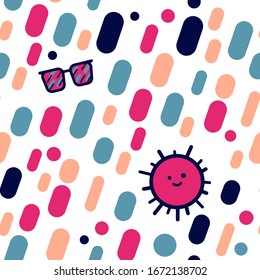 Abstract fun hand drawn sunglasses geometric shapes in light pink and dark blue colors.Trendy flat style design seamless pattern stock vector illustration for wrapping paper, textile, wallpaper,fabric