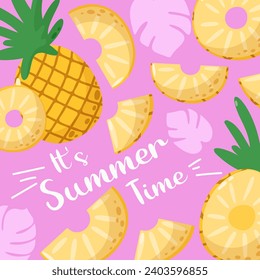 Abstract fun pineapple background with text it's summer time. Sweet juicy tropical fruit. Summer vitamin vector square illustration for banner, poster, flyer, banner, social media, post